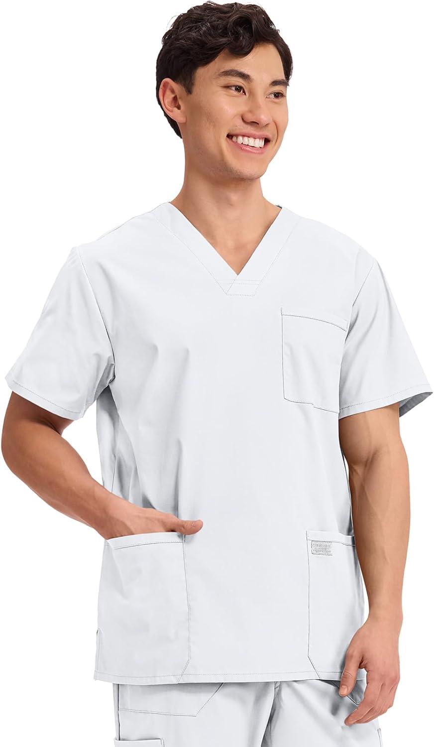 imageCherokee Mens VNeck Top Traditional fit with 4 Pockets Ultra Soft Durable Fade Resistant 2Way Stretch Fabric WW695White