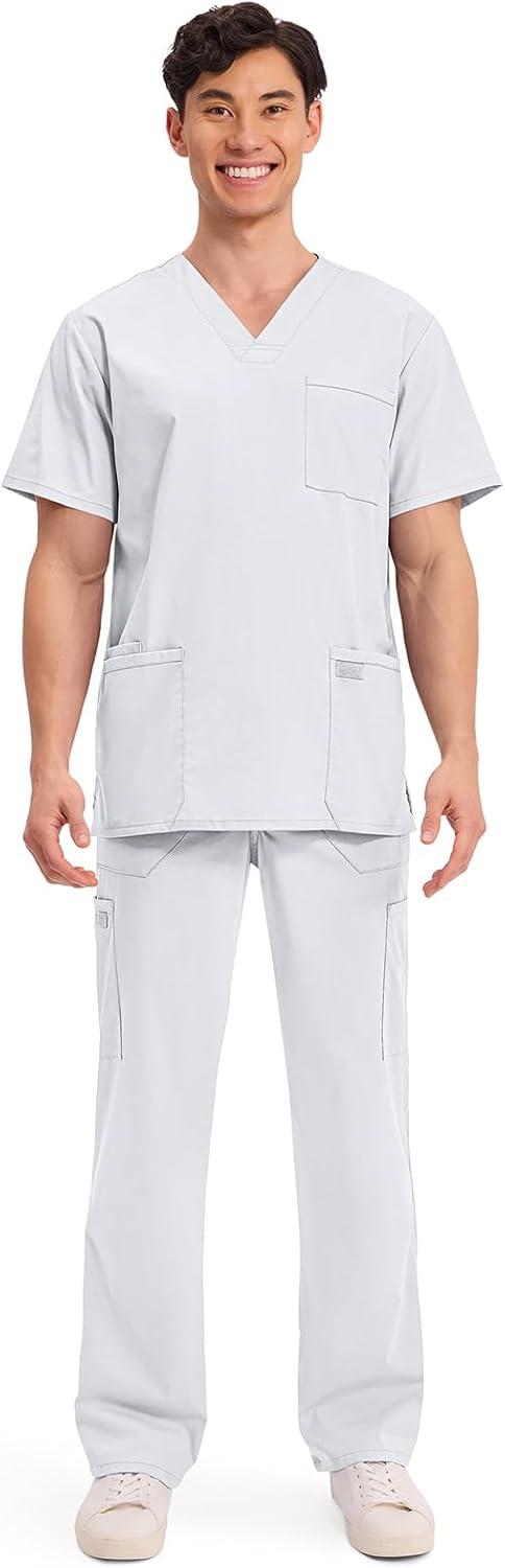 imageCherokee Mens VNeck Top Traditional fit with 4 Pockets Ultra Soft Durable Fade Resistant 2Way Stretch Fabric WW695White
