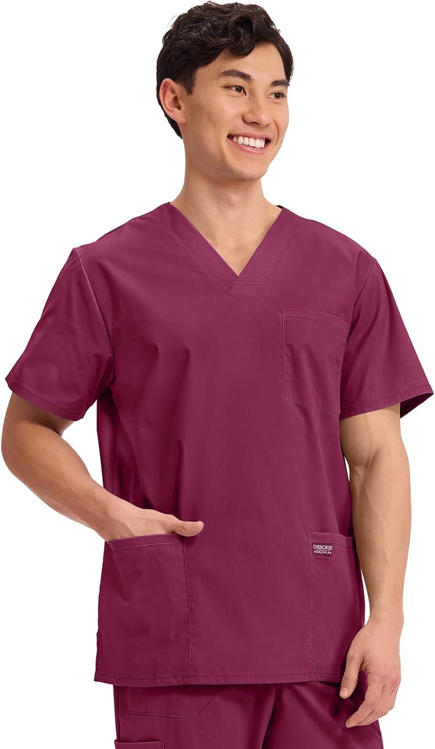 imageCherokee Mens VNeck Top Traditional fit with 4 Pockets Ultra Soft Durable Fade Resistant 2Way Stretch Fabric WW695Wine