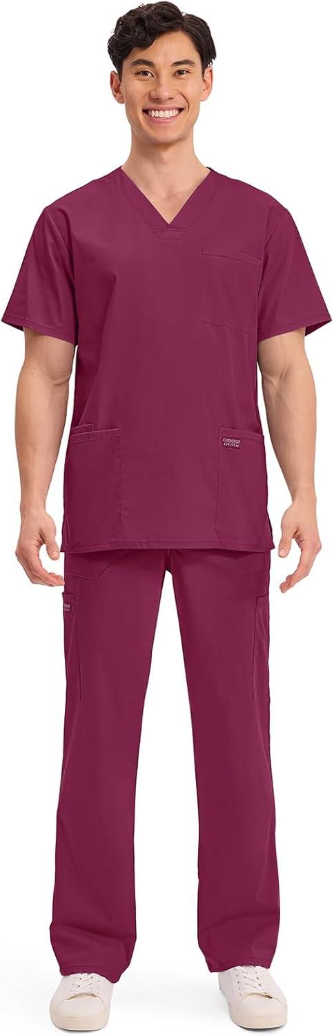 imageCherokee Mens VNeck Top Traditional fit with 4 Pockets Ultra Soft Durable Fade Resistant 2Way Stretch Fabric WW695Wine