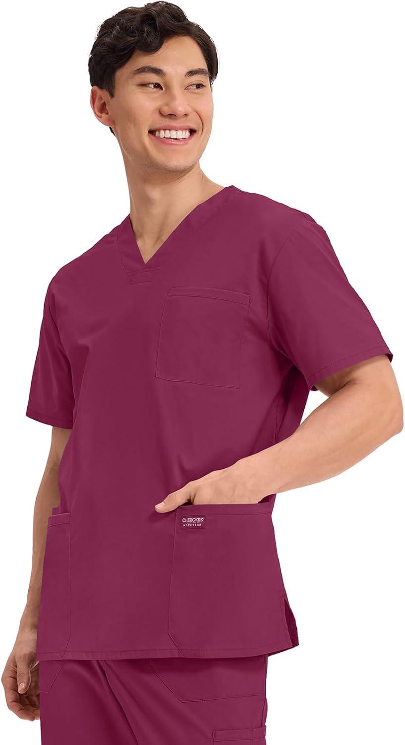imageCherokee Mens VNeck Top Traditional fit with 4 Pockets Ultra Soft Durable Fade Resistant 2Way Stretch Fabric WW695Wine