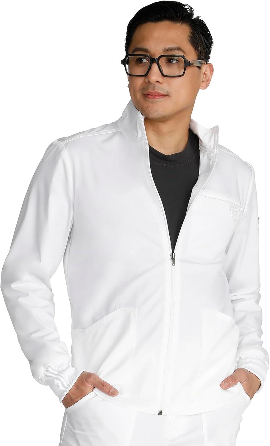imageCherokee Scrub Jacket Mens Zip Front Jacket with 5 Pockets Bungee Loop RibKnit Cuffs Soft 2Way Stretch Fabric WW320White