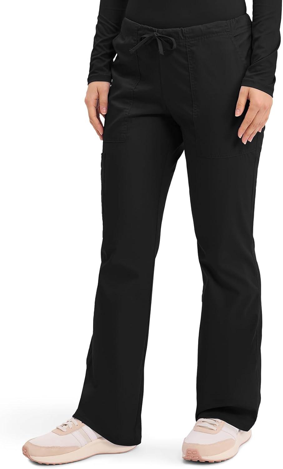 imageCherokee Scrub Pants for Women Mid Rise Flare Leg Drawstring Cargo Medical Uniform 4 Pocket Durable Easy Care Stretch 4044Black