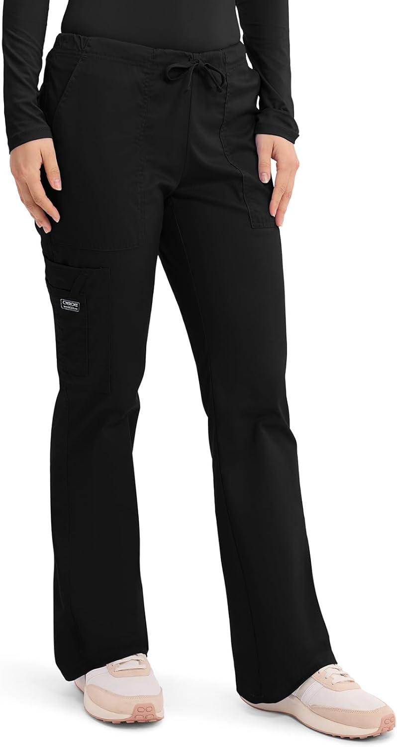 imageCherokee Scrub Pants for Women Mid Rise Flare Leg Drawstring Cargo Medical Uniform 4 Pocket Durable Easy Care Stretch 4044Black