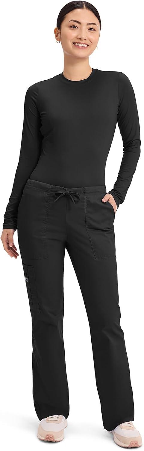 imageCherokee Scrub Pants for Women Mid Rise Flare Leg Drawstring Cargo Medical Uniform 4 Pocket Durable Easy Care Stretch 4044Black