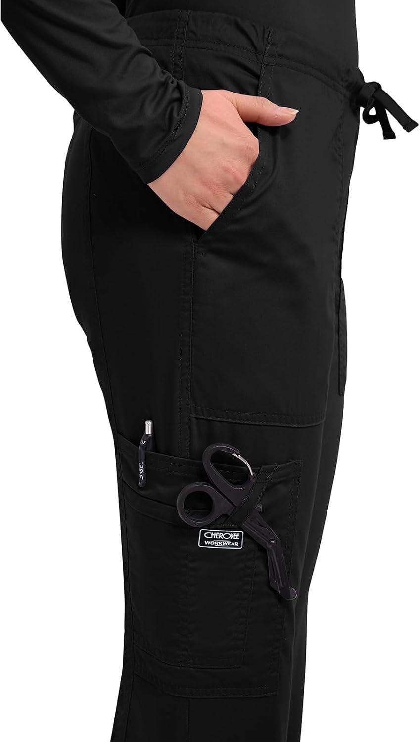 imageCherokee Scrub Pants for Women Mid Rise Flare Leg Drawstring Cargo Medical Uniform 4 Pocket Durable Easy Care Stretch 4044Black