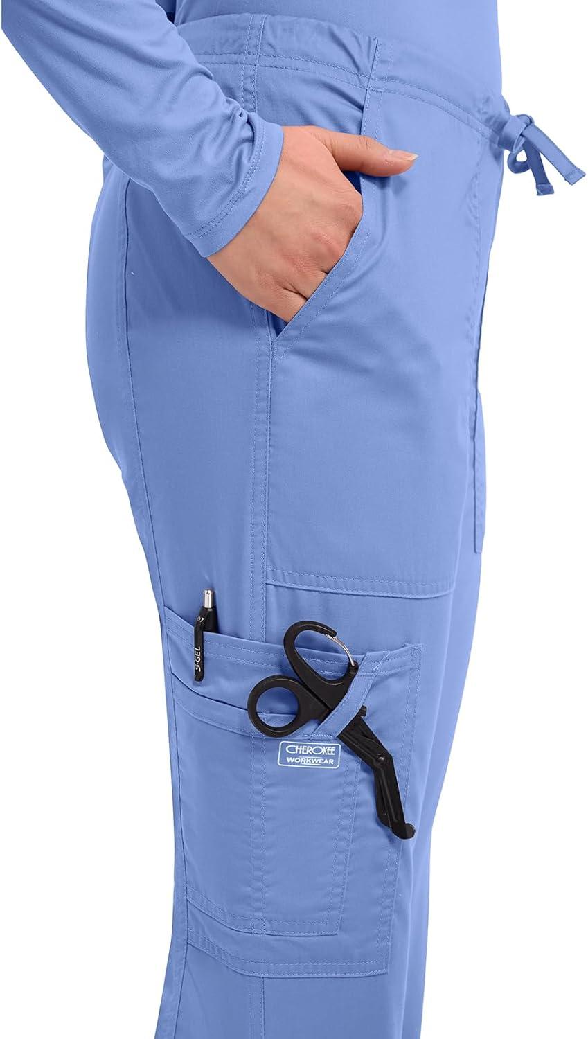 imageCherokee Scrub Pants for Women Mid Rise Flare Leg Drawstring Cargo Medical Uniform 4 Pocket Durable Easy Care Stretch 4044Ciel