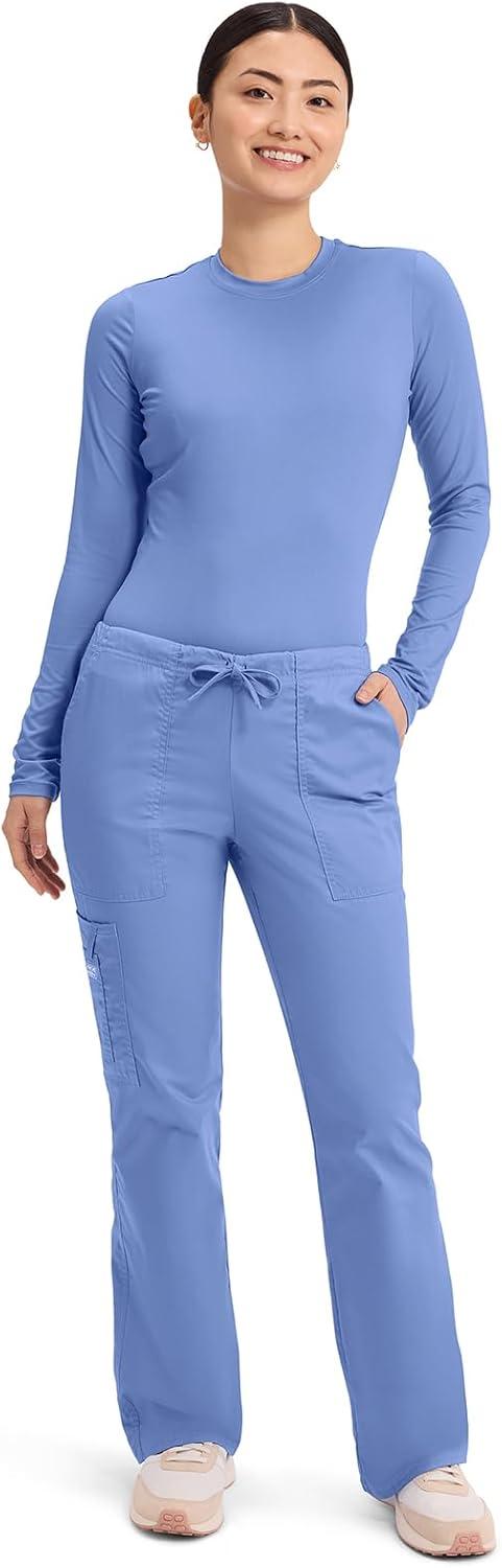 imageCherokee Scrub Pants for Women Mid Rise Flare Leg Drawstring Cargo Medical Uniform 4 Pocket Durable Easy Care Stretch 4044Ciel