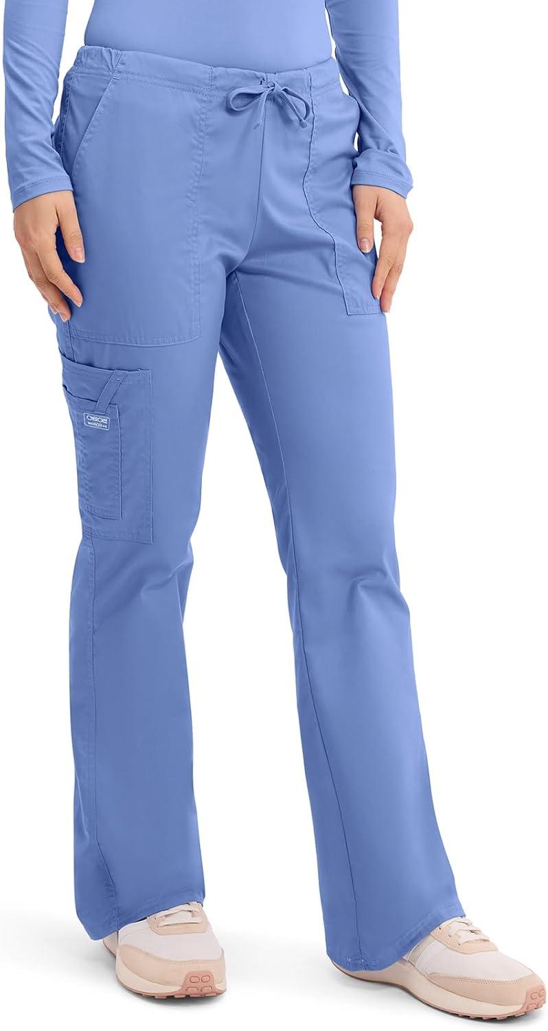 imageCherokee Scrub Pants for Women Mid Rise Flare Leg Drawstring Cargo Medical Uniform 4 Pocket Durable Easy Care Stretch 4044Ciel