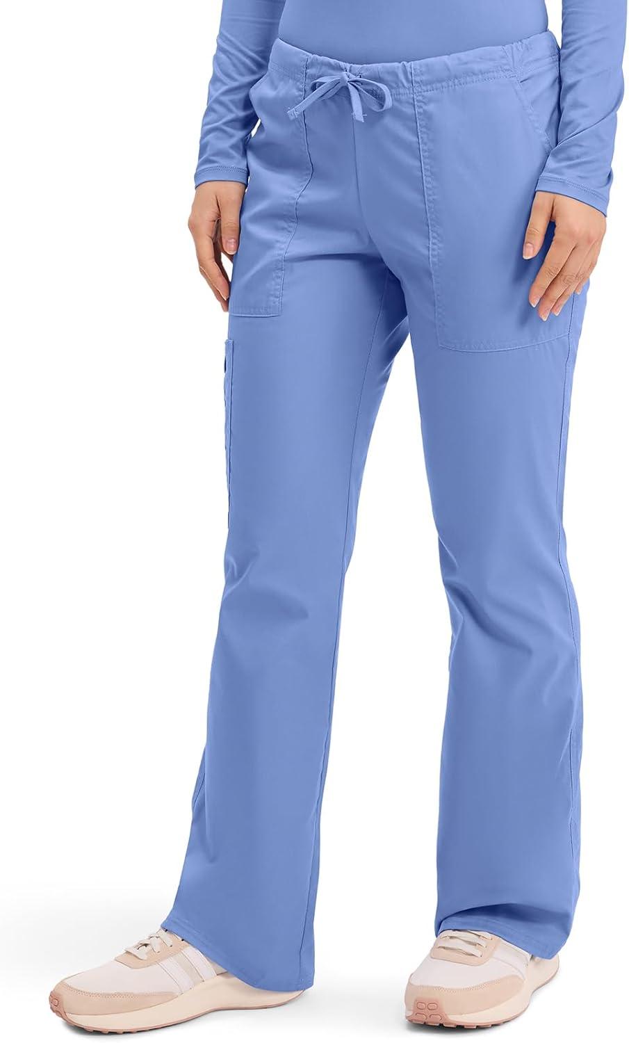 imageCherokee Scrub Pants for Women Mid Rise Flare Leg Drawstring Cargo Medical Uniform 4 Pocket Durable Easy Care Stretch 4044Ciel