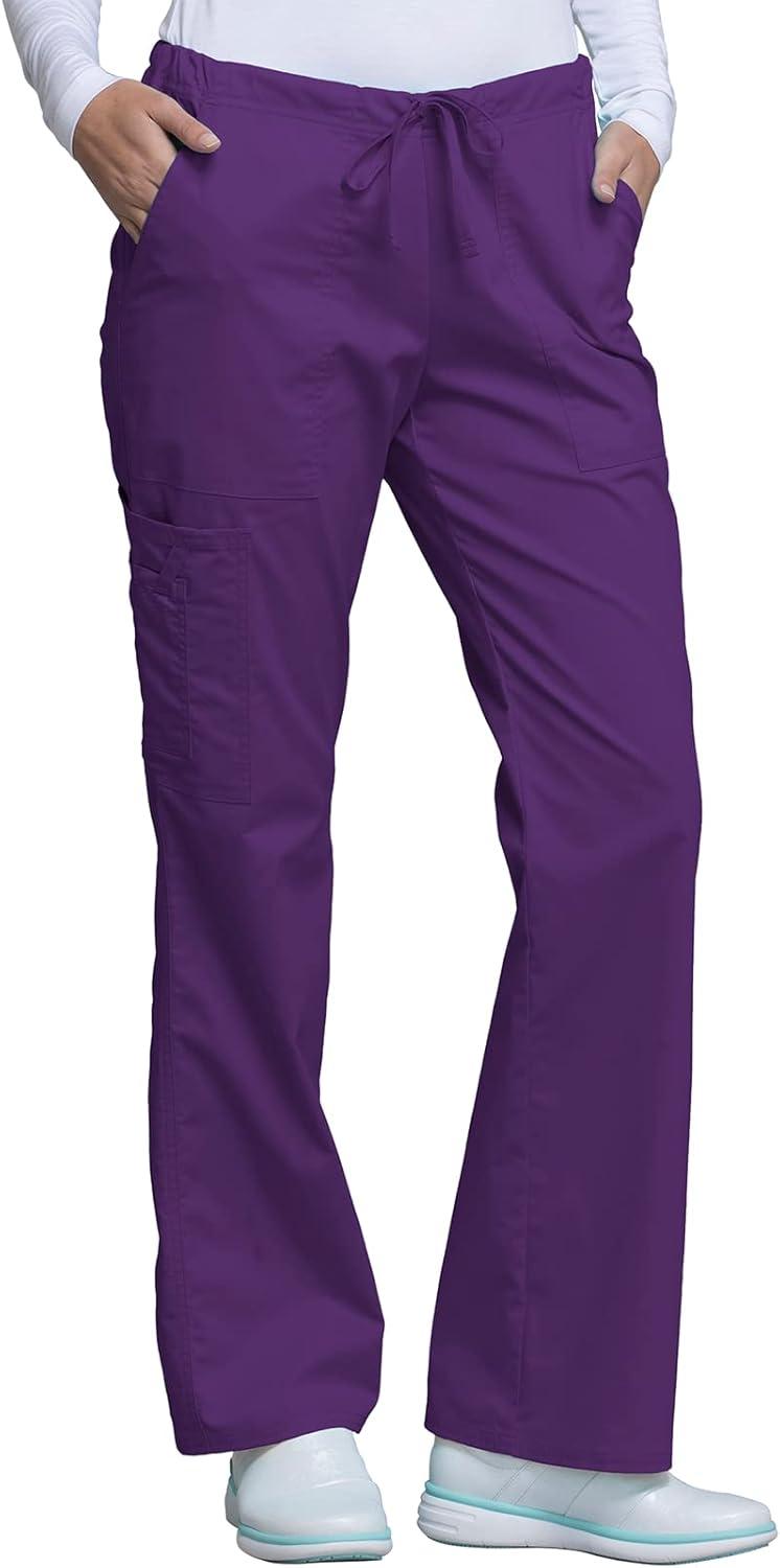 imageCherokee Scrub Pants for Women Mid Rise Flare Leg Drawstring Cargo Medical Uniform 4 Pocket Durable Easy Care Stretch 4044Eggplant