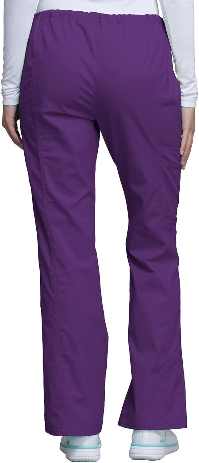 imageCherokee Scrub Pants for Women Mid Rise Flare Leg Drawstring Cargo Medical Uniform 4 Pocket Durable Easy Care Stretch 4044Eggplant