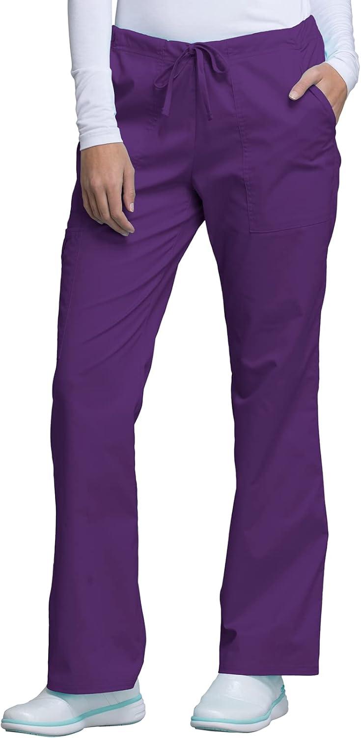 imageCherokee Scrub Pants for Women Mid Rise Flare Leg Drawstring Cargo Medical Uniform 4 Pocket Durable Easy Care Stretch 4044Eggplant