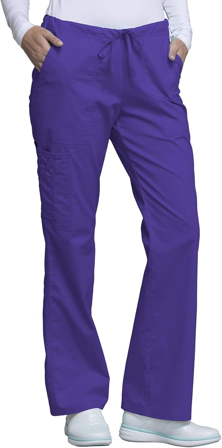 imageCherokee Scrub Pants for Women Mid Rise Flare Leg Drawstring Cargo Medical Uniform 4 Pocket Durable Easy Care Stretch 4044Grape