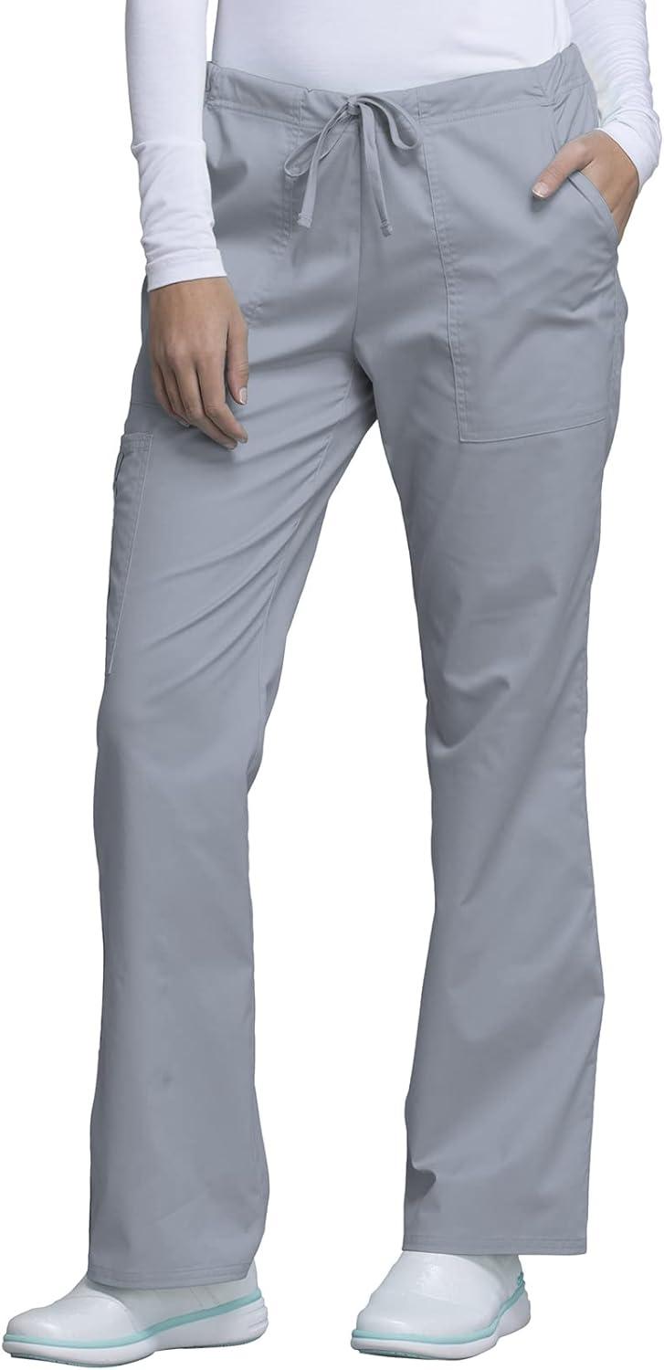 imageCherokee Scrub Pants for Women Mid Rise Flare Leg Drawstring Cargo Medical Uniform 4 Pocket Durable Easy Care Stretch 4044Grey