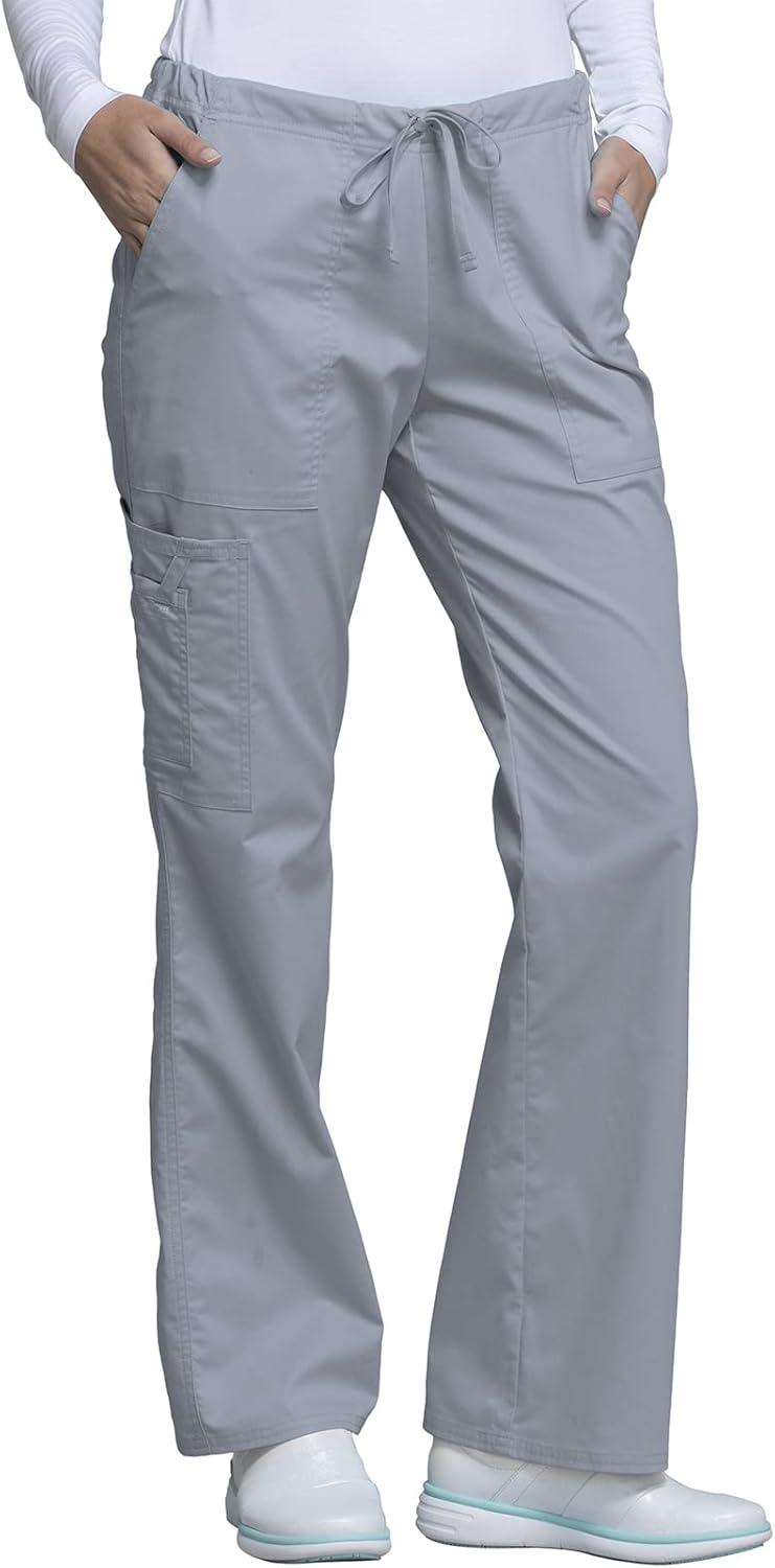imageCherokee Scrub Pants for Women Mid Rise Flare Leg Drawstring Cargo Medical Uniform 4 Pocket Durable Easy Care Stretch 4044Grey