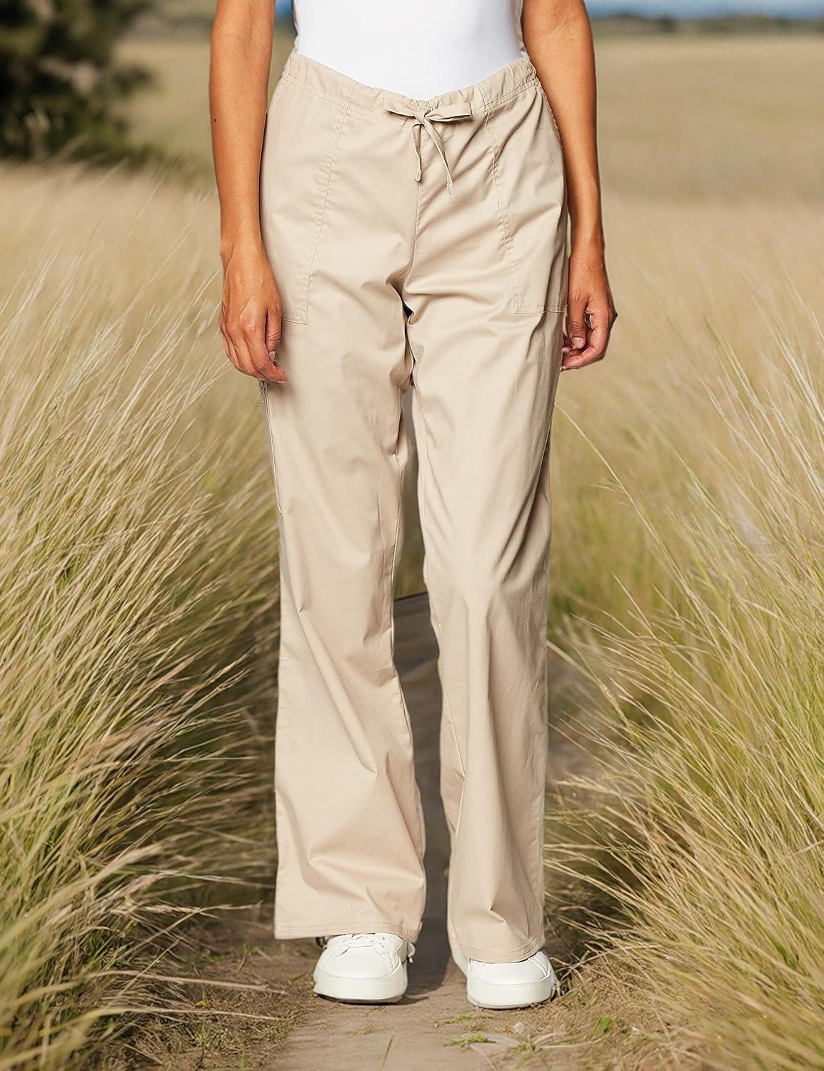 imageCherokee Scrub Pants for Women Mid Rise Flare Leg Drawstring Cargo Medical Uniform 4 Pocket Durable Easy Care Stretch 4044Khaki