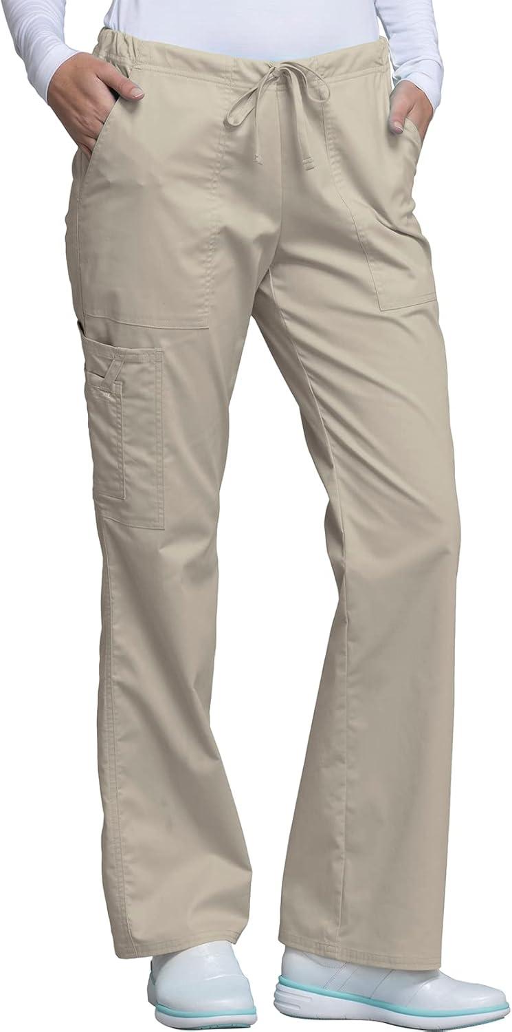 imageCherokee Scrub Pants for Women Mid Rise Flare Leg Drawstring Cargo Medical Uniform 4 Pocket Durable Easy Care Stretch 4044Khaki