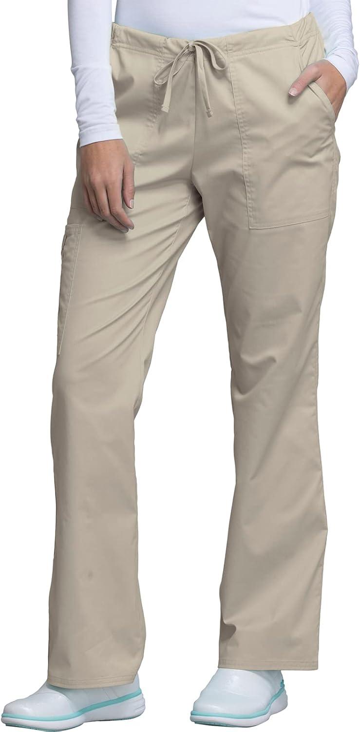 imageCherokee Scrub Pants for Women Mid Rise Flare Leg Drawstring Cargo Medical Uniform 4 Pocket Durable Easy Care Stretch 4044Khaki