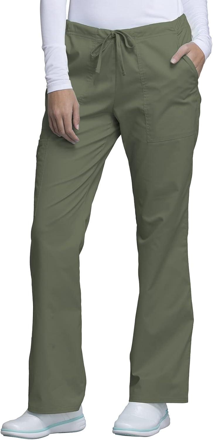 imageCherokee Scrub Pants for Women Mid Rise Flare Leg Drawstring Cargo Medical Uniform 4 Pocket Durable Easy Care Stretch 4044Olive