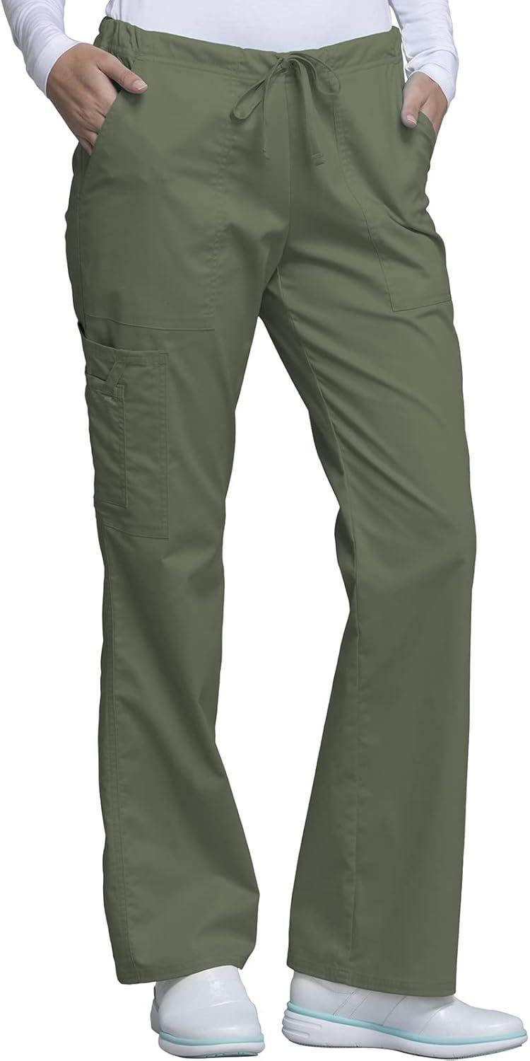 imageCherokee Scrub Pants for Women Mid Rise Flare Leg Drawstring Cargo Medical Uniform 4 Pocket Durable Easy Care Stretch 4044Olive