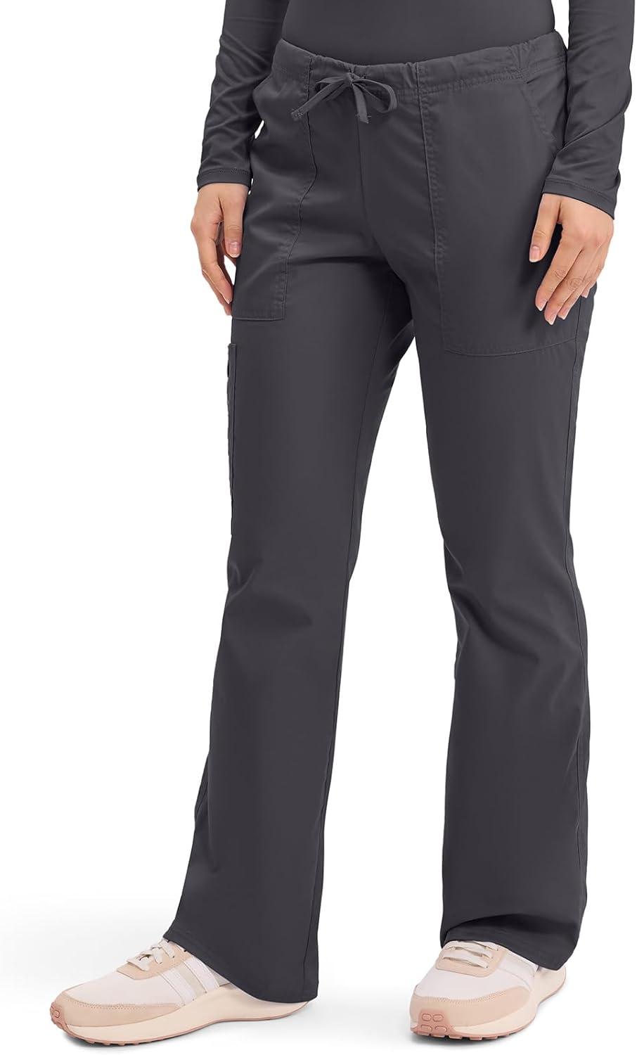 imageCherokee Scrub Pants for Women Mid Rise Flare Leg Drawstring Cargo Medical Uniform 4 Pocket Durable Easy Care Stretch 4044Pewter
