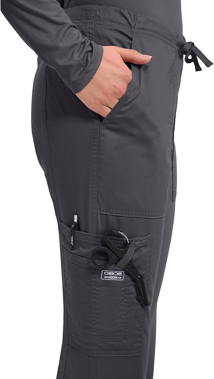 imageCherokee Scrub Pants for Women Mid Rise Flare Leg Drawstring Cargo Medical Uniform 4 Pocket Durable Easy Care Stretch 4044Pewter
