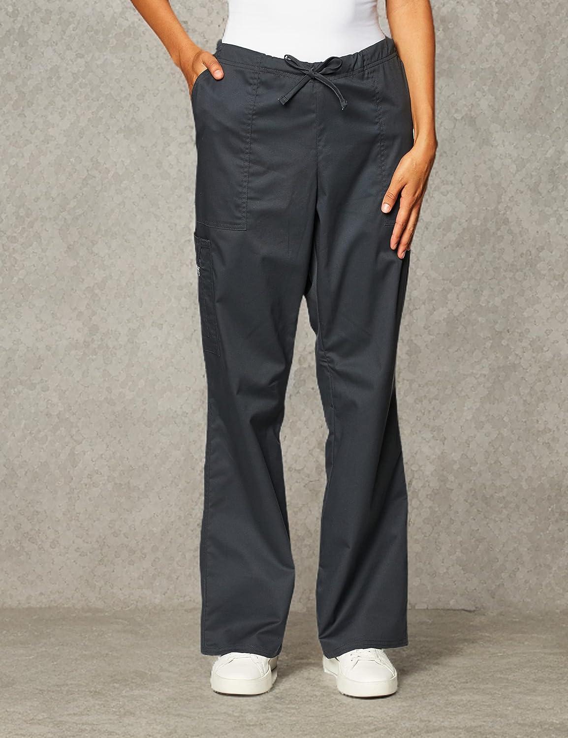 imageCherokee Scrub Pants for Women Mid Rise Flare Leg Drawstring Cargo Medical Uniform 4 Pocket Durable Easy Care Stretch 4044Pewter