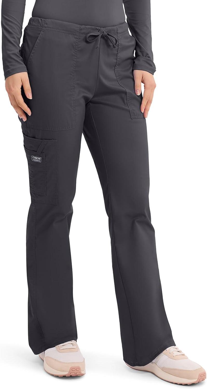 imageCherokee Scrub Pants for Women Mid Rise Flare Leg Drawstring Cargo Medical Uniform 4 Pocket Durable Easy Care Stretch 4044Pewter
