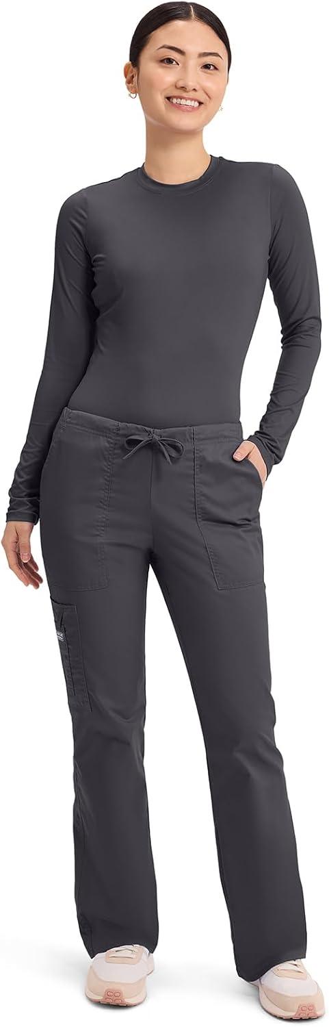 imageCherokee Scrub Pants for Women Mid Rise Flare Leg Drawstring Cargo Medical Uniform 4 Pocket Durable Easy Care Stretch 4044Pewter