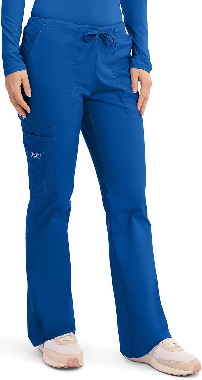 imageCherokee Scrub Pants for Women Mid Rise Flare Leg Drawstring Cargo Medical Uniform 4 Pocket Durable Easy Care Stretch 4044Royal