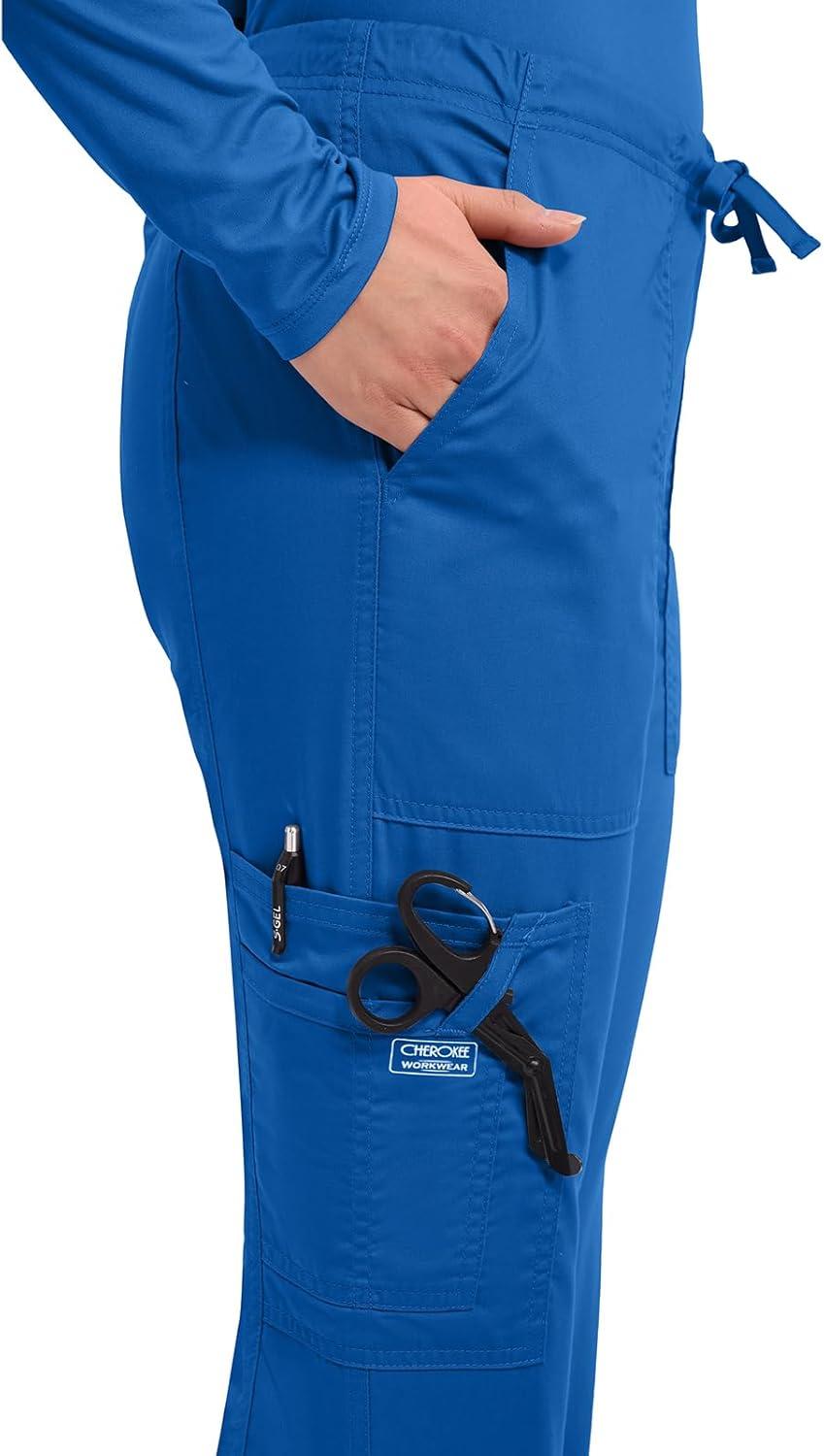 imageCherokee Scrub Pants for Women Mid Rise Flare Leg Drawstring Cargo Medical Uniform 4 Pocket Durable Easy Care Stretch 4044Royal