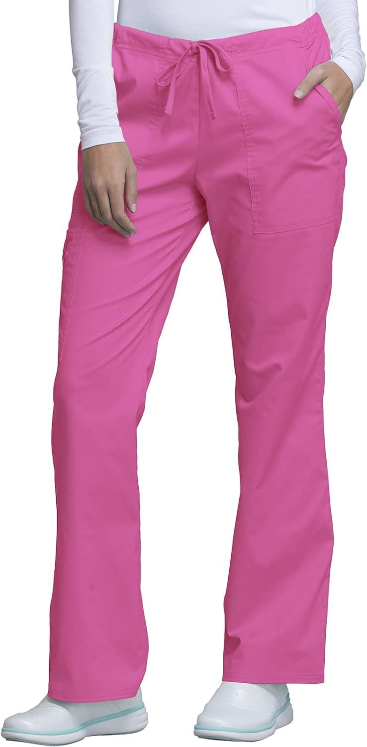imageCherokee Scrub Pants for Women Mid Rise Flare Leg Drawstring Cargo Medical Uniform 4 Pocket Durable Easy Care Stretch 4044Shocking Pink