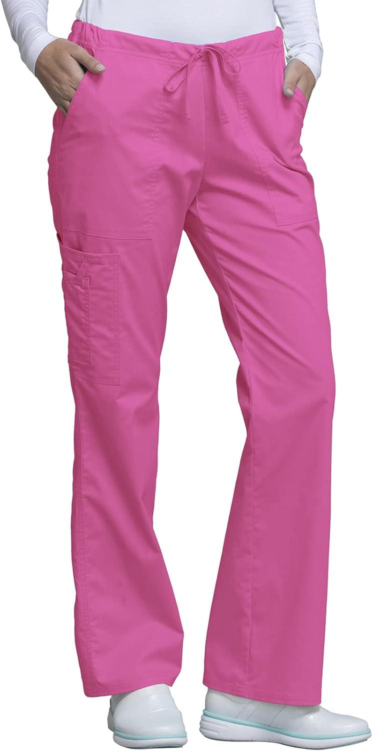 imageCherokee Scrub Pants for Women Mid Rise Flare Leg Drawstring Cargo Medical Uniform 4 Pocket Durable Easy Care Stretch 4044Shocking Pink