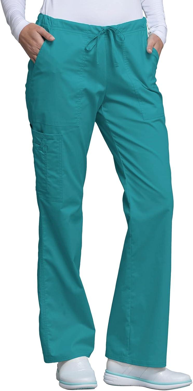 imageCherokee Scrub Pants for Women Mid Rise Flare Leg Drawstring Cargo Medical Uniform 4 Pocket Durable Easy Care Stretch 4044Teal Blue