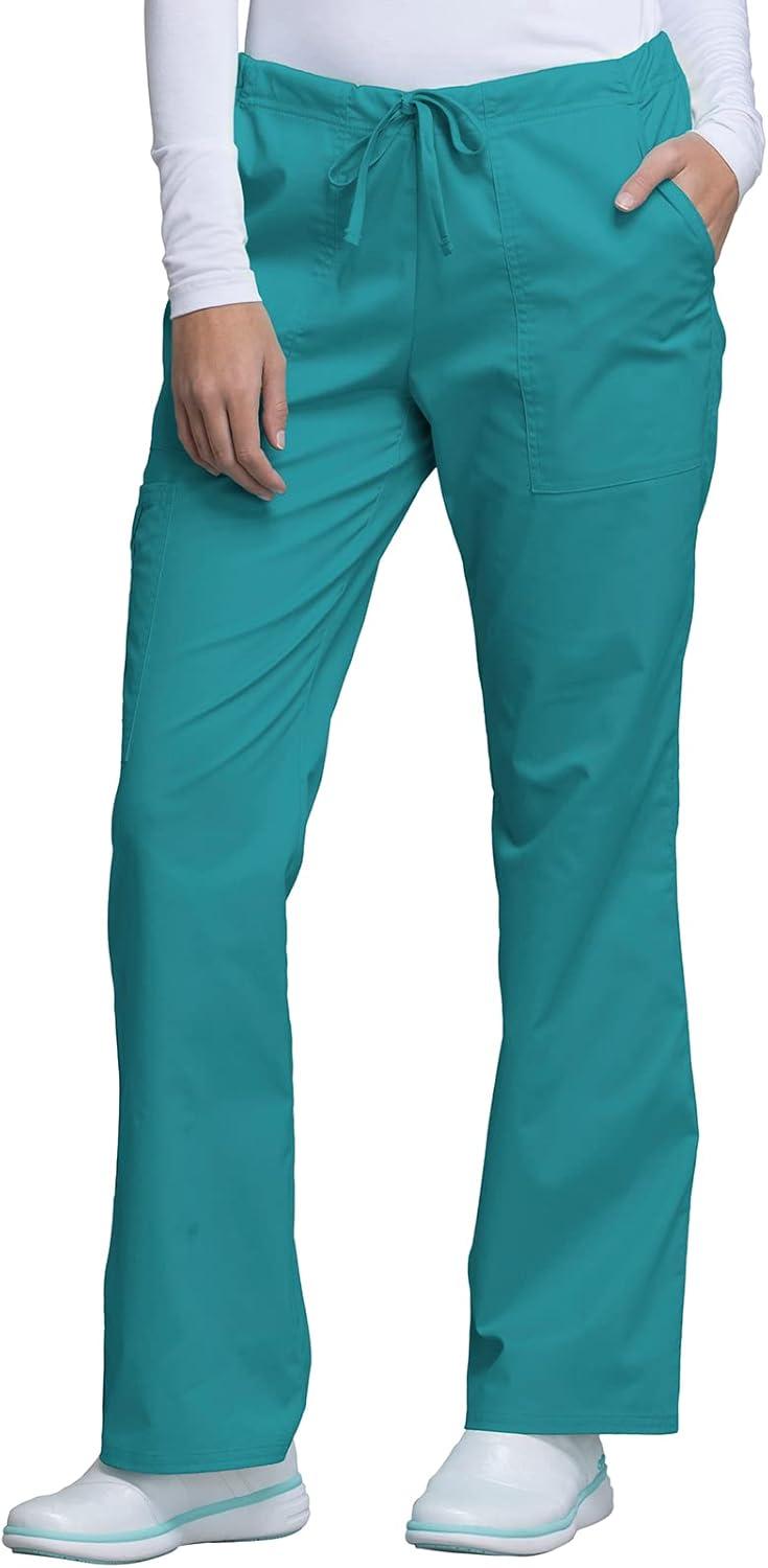 imageCherokee Scrub Pants for Women Mid Rise Flare Leg Drawstring Cargo Medical Uniform 4 Pocket Durable Easy Care Stretch 4044Teal Blue