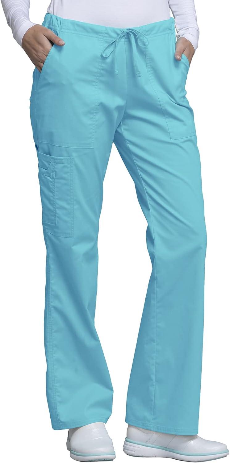 imageCherokee Scrub Pants for Women Mid Rise Flare Leg Drawstring Cargo Medical Uniform 4 Pocket Durable Easy Care Stretch 4044Turquoise