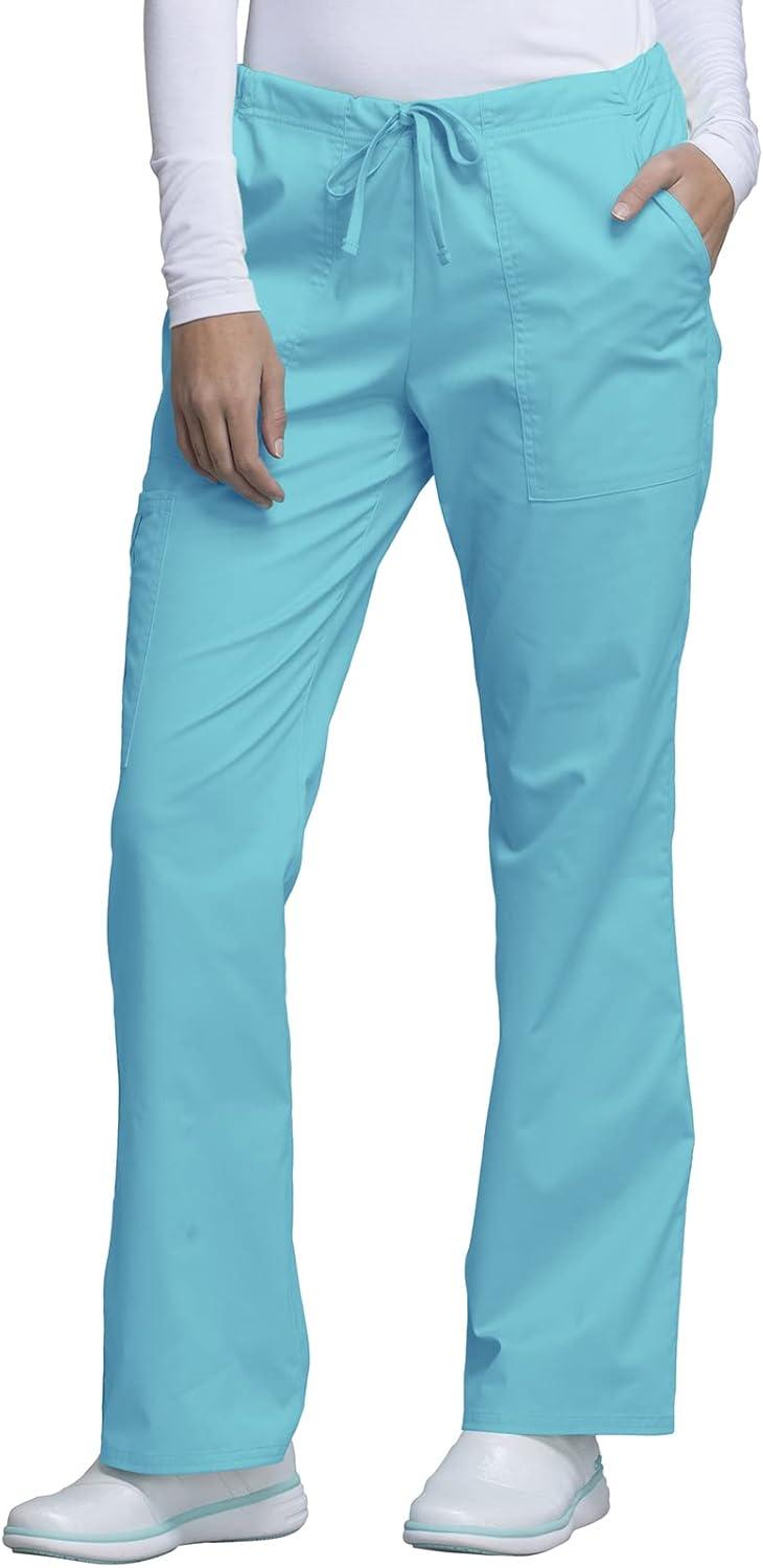 imageCherokee Scrub Pants for Women Mid Rise Flare Leg Drawstring Cargo Medical Uniform 4 Pocket Durable Easy Care Stretch 4044Turquoise