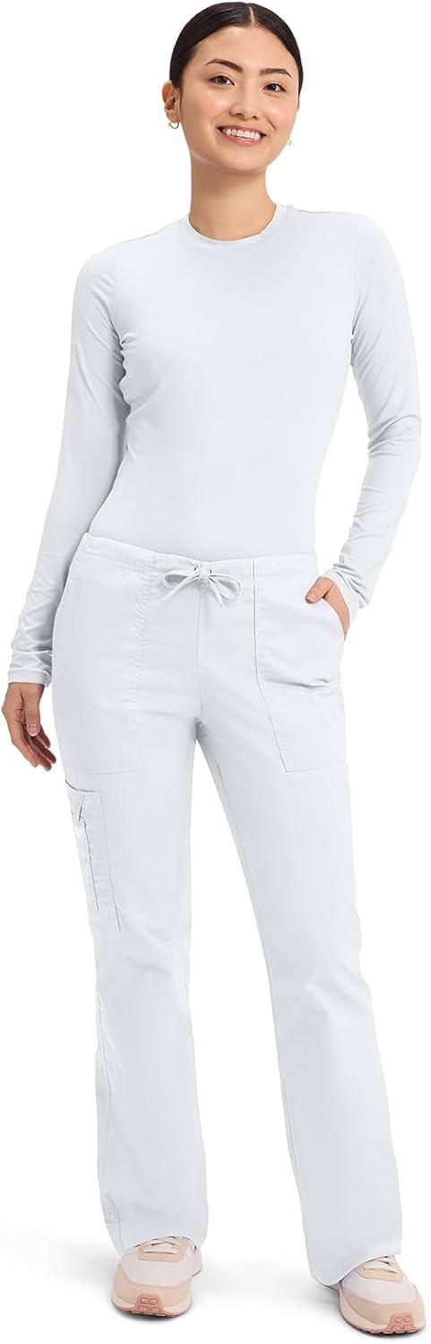 imageCherokee Scrub Pants for Women Mid Rise Flare Leg Drawstring Cargo Medical Uniform 4 Pocket Durable Easy Care Stretch 4044White