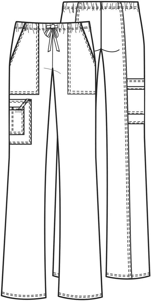 imageCherokee Scrub Pants for Women Mid Rise Flare Leg Drawstring Cargo Medical Uniform 4 Pocket Durable Easy Care Stretch 4044White