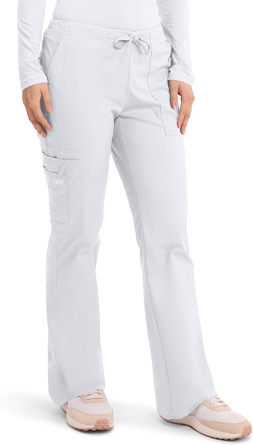imageCherokee Scrub Pants for Women Mid Rise Flare Leg Drawstring Cargo Medical Uniform 4 Pocket Durable Easy Care Stretch 4044White