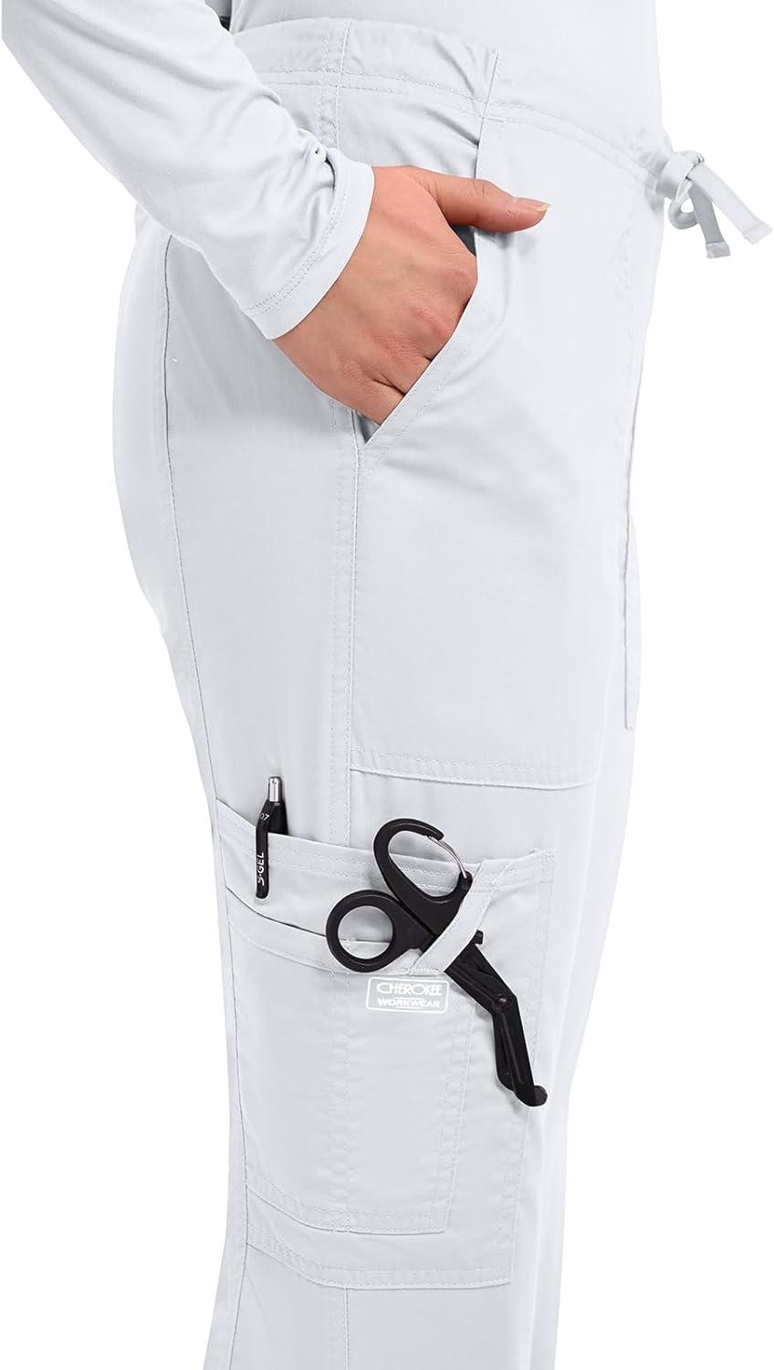 imageCherokee Scrub Pants for Women Mid Rise Flare Leg Drawstring Cargo Medical Uniform 4 Pocket Durable Easy Care Stretch 4044White