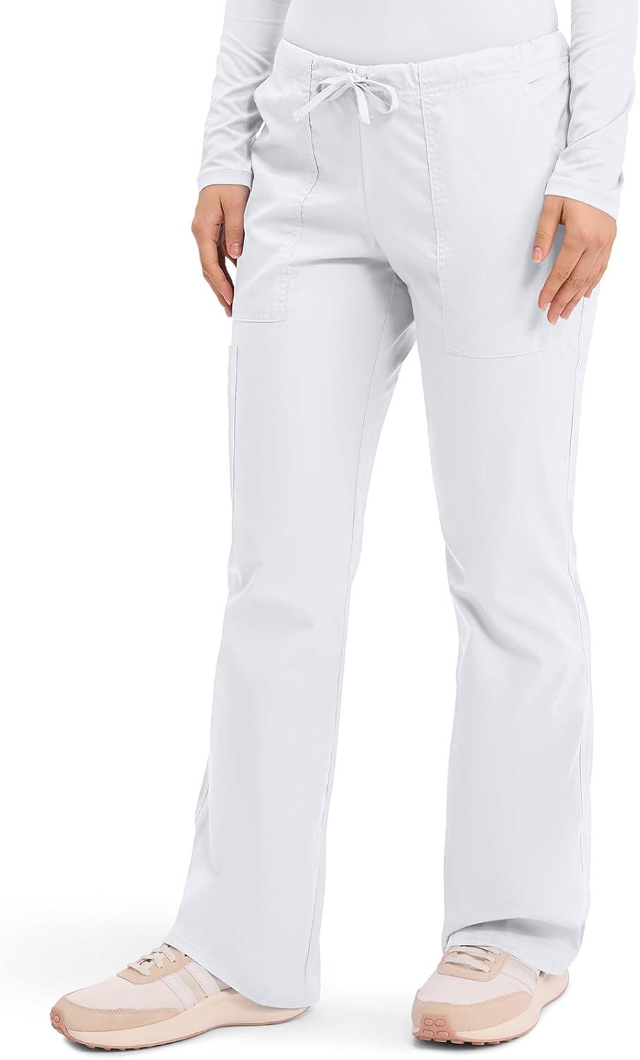 imageCherokee Scrub Pants for Women Mid Rise Flare Leg Drawstring Cargo Medical Uniform 4 Pocket Durable Easy Care Stretch 4044White