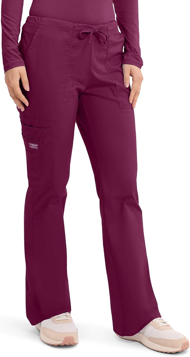 imageCherokee Scrub Pants for Women Mid Rise Flare Leg Drawstring Cargo Medical Uniform 4 Pocket Durable Easy Care Stretch 4044Wine
