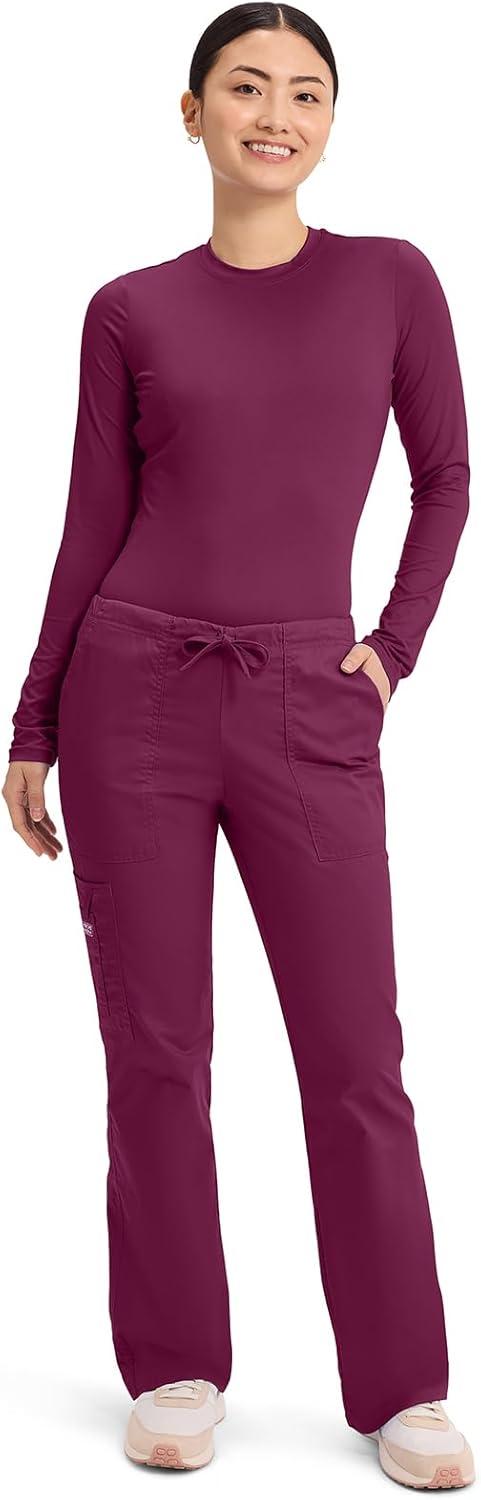 imageCherokee Scrub Pants for Women Mid Rise Flare Leg Drawstring Cargo Medical Uniform 4 Pocket Durable Easy Care Stretch 4044Wine