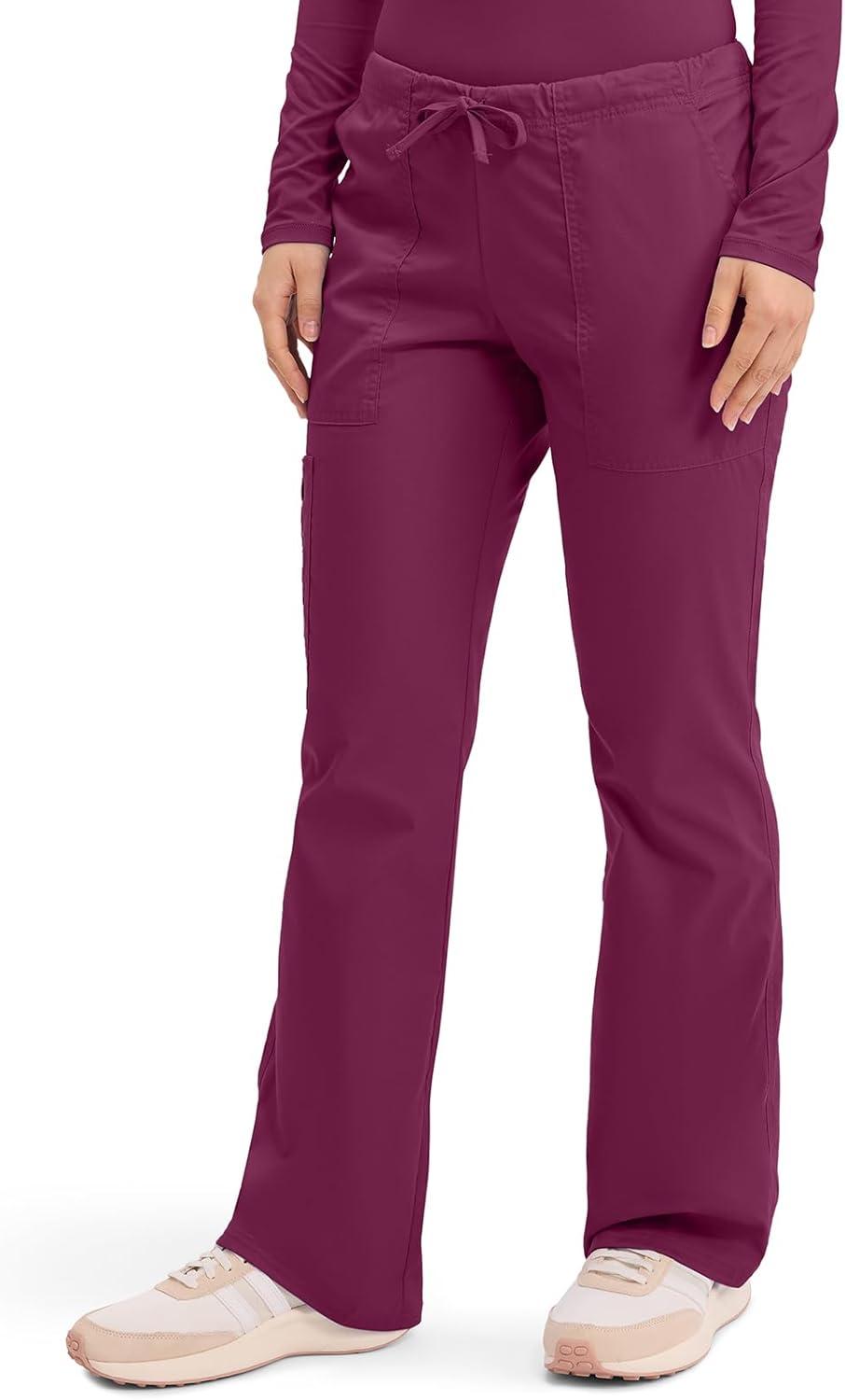 imageCherokee Scrub Pants for Women Mid Rise Flare Leg Drawstring Cargo Medical Uniform 4 Pocket Durable Easy Care Stretch 4044Wine