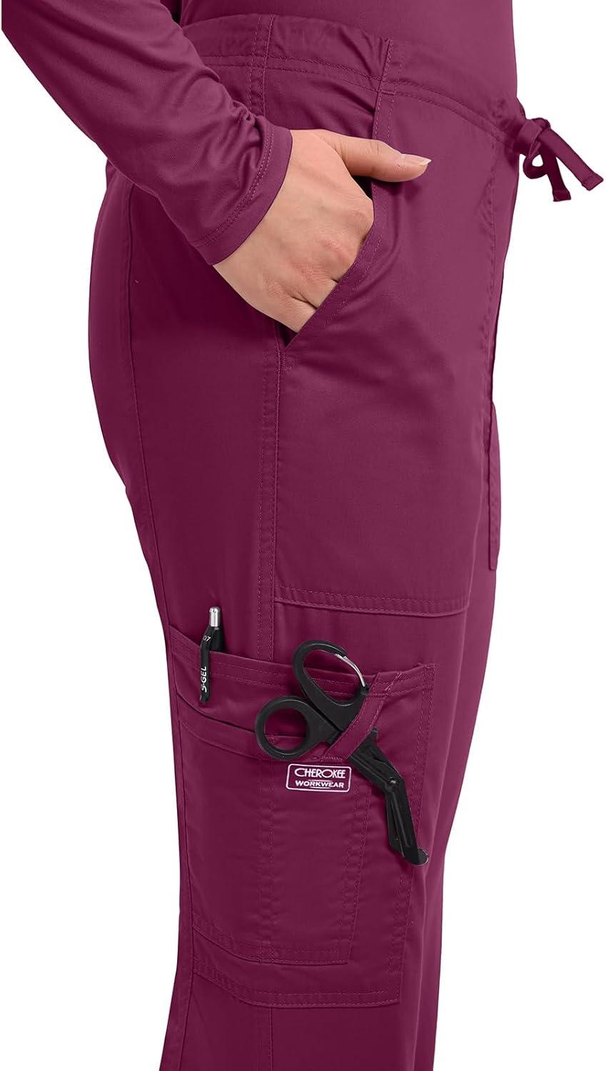 imageCherokee Scrub Pants for Women Mid Rise Flare Leg Drawstring Cargo Medical Uniform 4 Pocket Durable Easy Care Stretch 4044Wine