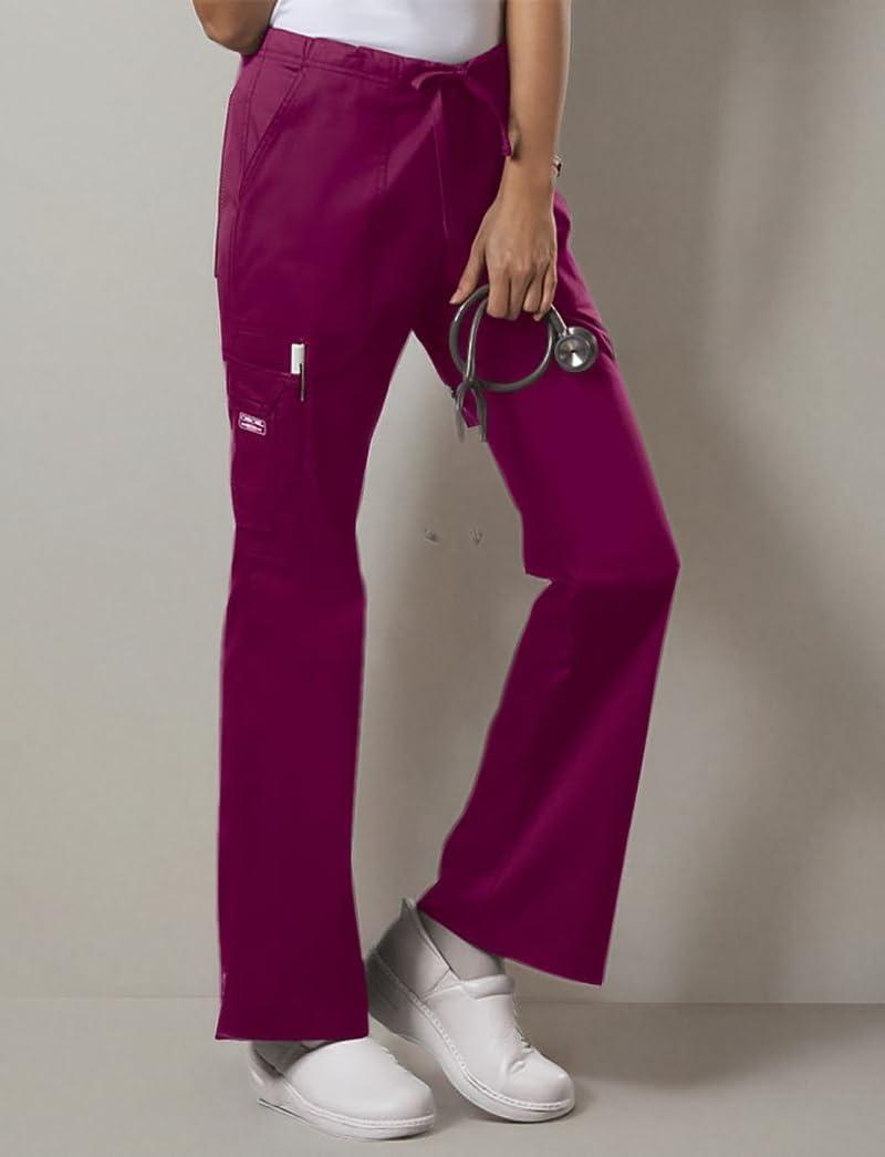 imageCherokee Scrub Pants for Women Mid Rise Flare Leg Drawstring Cargo Medical Uniform 4 Pocket Durable Easy Care Stretch 4044Wine