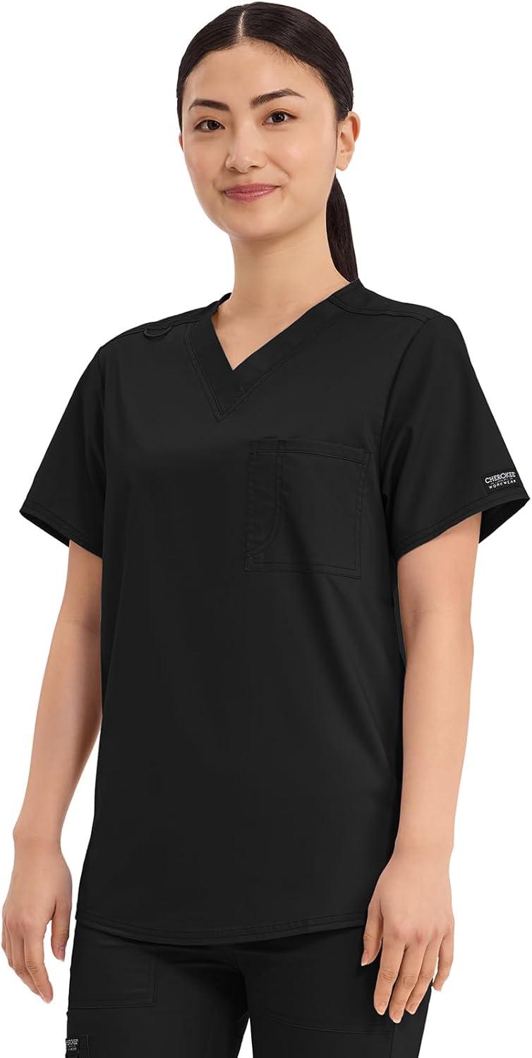 imageCherokee Scrub Top for Women amp Men VNeck Tuckable Medical Shirt with 1 Chest Pocket amp ID Loop WW625Black