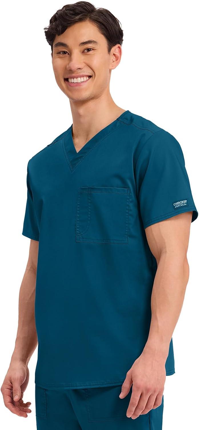 imageCherokee Scrub Top for Women amp Men VNeck Tuckable Medical Shirt with 1 Chest Pocket amp ID Loop WW625Caribbean Blue